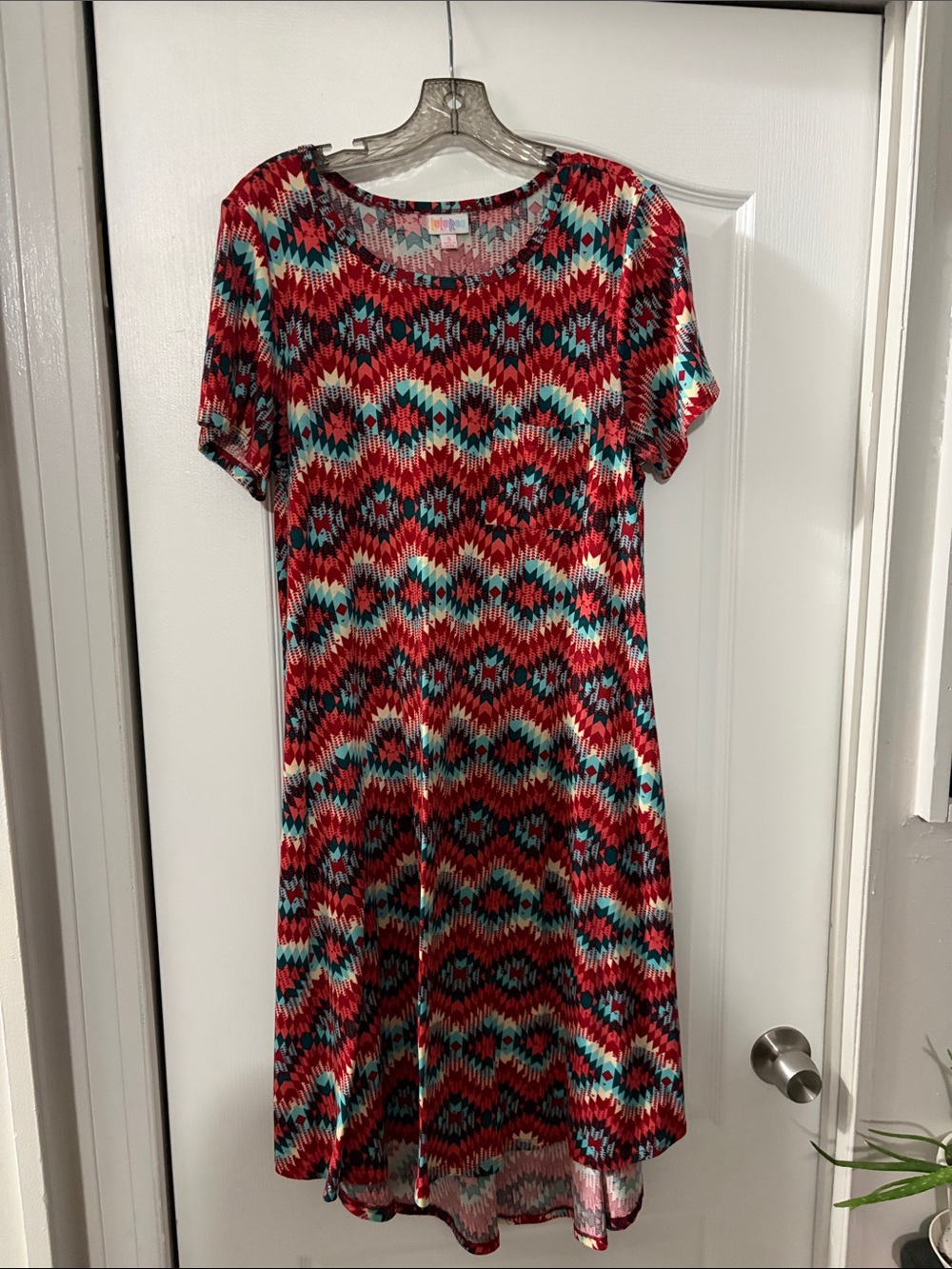 LuLaRoe High-Low Dress in Red, Teal, Black Geometric Print